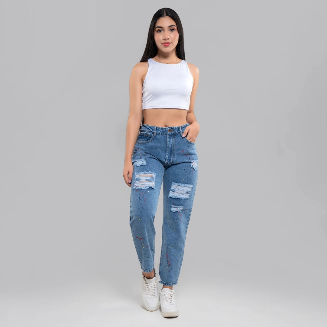 Retro® Mom Fit Jean Tiro Alto - Azul Claro