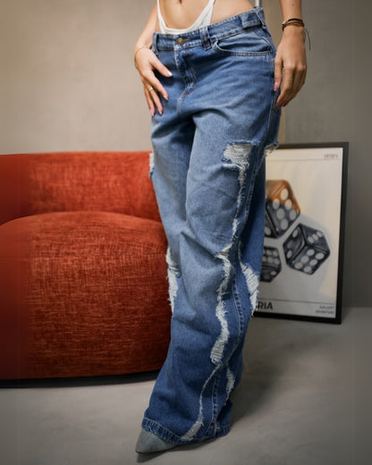 Jean ROTOS - Azul Ancho Con Desgaste Lateral