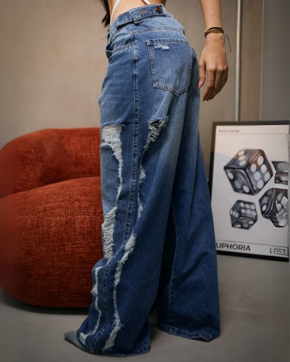 Jean ROTOS - Azul Ancho Con Desgaste Lateral